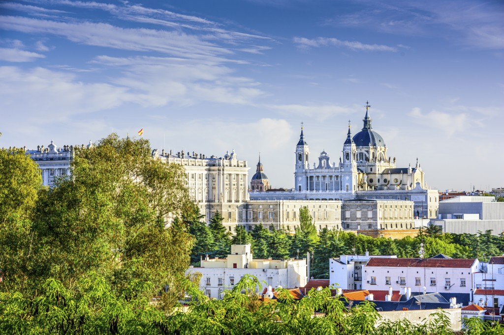 Beautiful View. The Madrid skyline at Santa Maria la Real de La Almudena Cathedral and the Royal Palace.